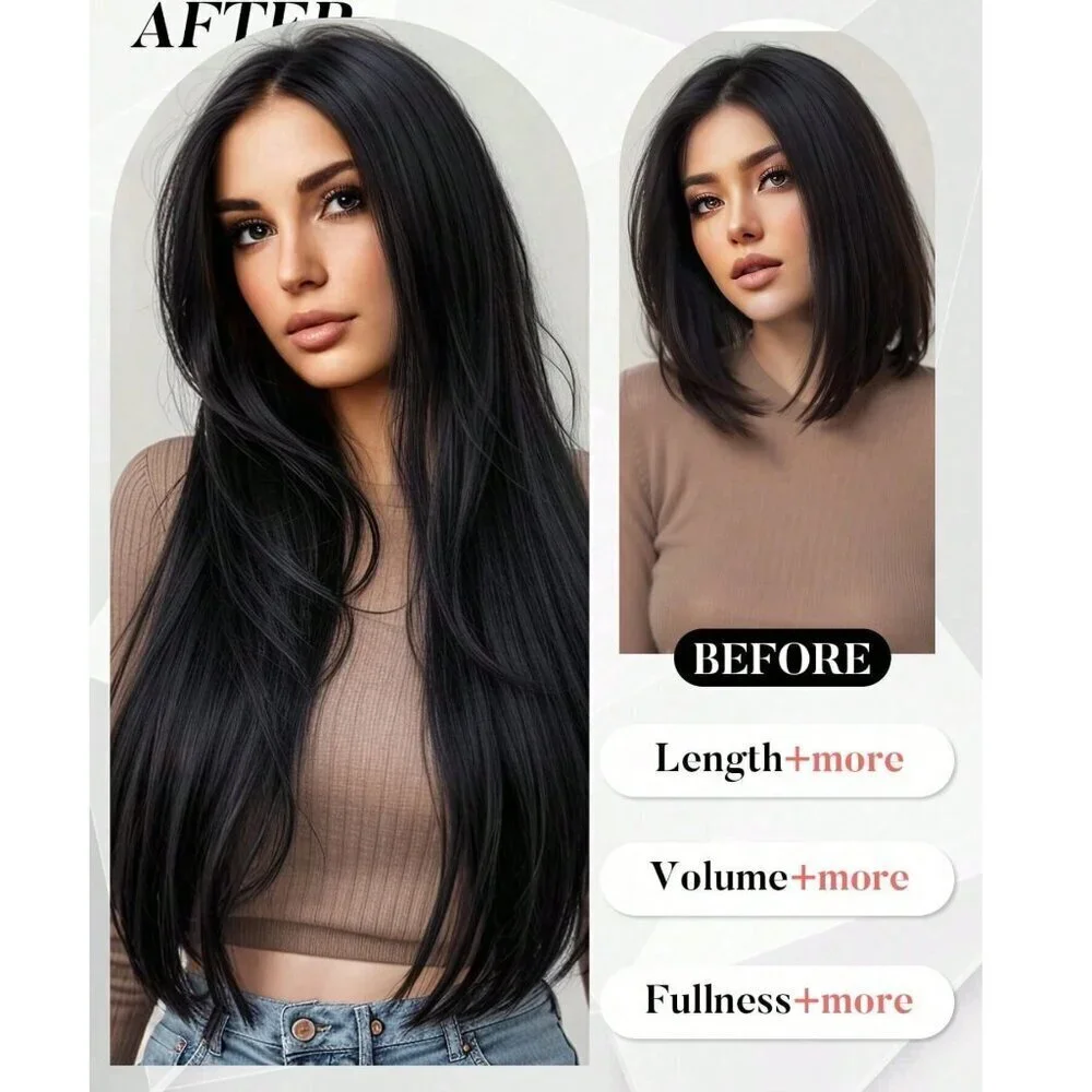 Human hair blend Long Black hair Extensions Clips